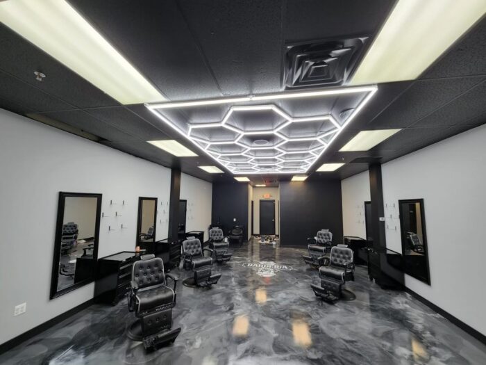 Barbería Studio barber shop metallic epoxy floors Manalapan NJ